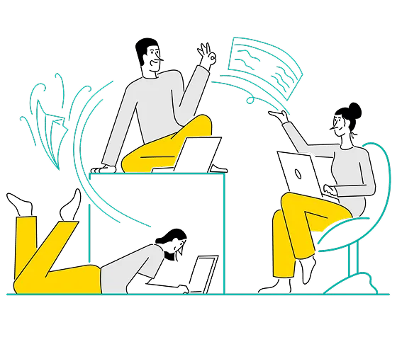 Minimalist illustration of three headless figures in yellow pants interacting; one sits on a block, another points at a screen—symbolizing outsource CFO services—and the third lies on the floor, with leaves in the background.