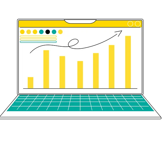 Illustration of an open laptop displaying a bar graph with rising yellow bars and an upward arrow, suggesting growth—ideal for promoting outsource CFO services. The teal keyboard features a grid pattern.