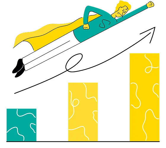 Illustration of a superhero flying upward above three ascending bar graph columns, symbolizing growth or progress powered by outsource CFO services. The hero wears a yellow cape and green shirt. The bars increase in height from left to right.