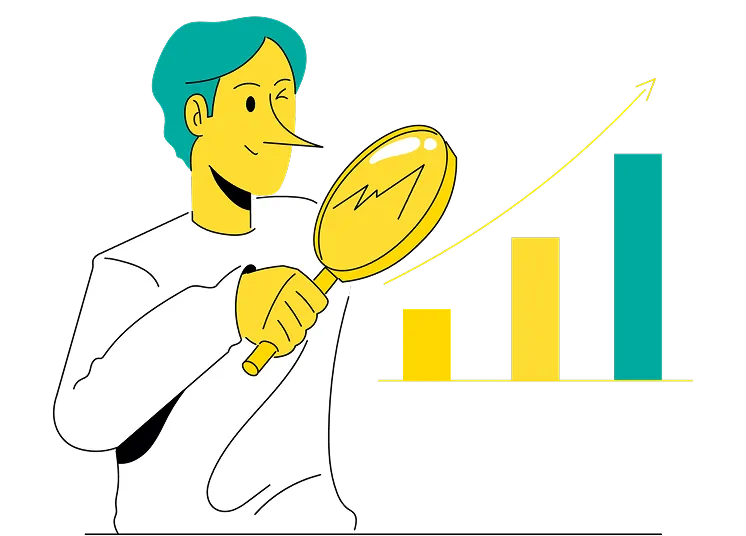 Illustration of a person with teal hair holding a magnifying glass, examining a bar graph with three rising bars and an upward arrow—visualizing growth driven by outsource CFO services.