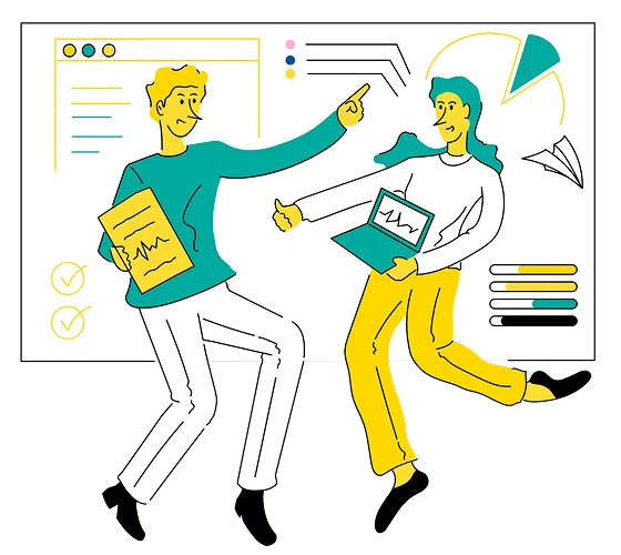 Two people stand in front of a presentation board with charts and graphs, discussing data. One holds a clipboard and points while the other with a laptop highlights insights—demonstrating the value of outsource CFO services for informed decision-making.