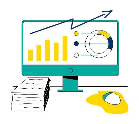 Illustration of a computer monitor displaying bar and pie charts, with a stack of papers beside it and a yellow mouse in the foreground—highlighting CFO consulting services with an upward arrow drawn above the screen.