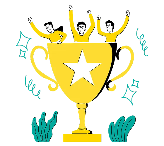 A gold trophy with a white star in the center, surrounded by green decorative elements and confetti-like swirls—symbolizing excellence, much like businesses that achieve success through outsource CFO services. The trophy has two handles and sits on a flat base.