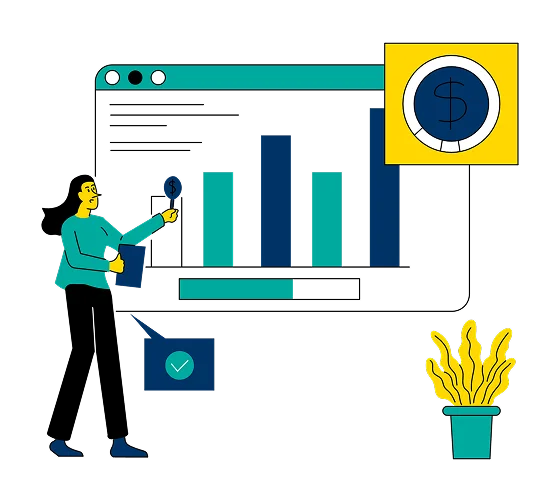 Illustration of a person holding a coin in front of a bar graph, with a large coin icon above, checkmark square, and potted plant to the side—perfect for showcasing financial growth or CFO consulting services.