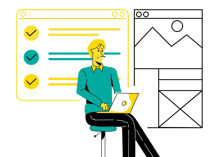 Illustration of a person sitting with a laptop in front of a large checklist on a screen, highlighting how outsource CFO services help efficiently manage tasks, with three items each marked with yellow checkmarks.
