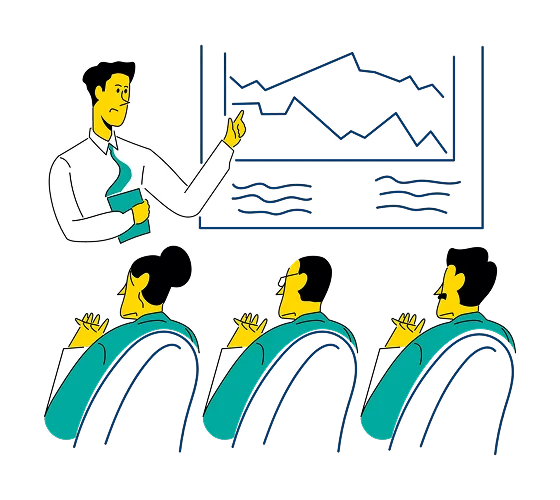 Illustration of a person presenting data on a screen with line graphs to an audience of three seated individuals, all paying attention—perfect for showcasing CFO consulting services in action.