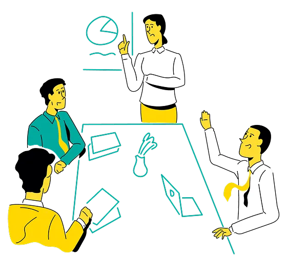 Illustration of four people in business attire around a conference table, with one presenting in front of a pie chart—highlighting the benefits of outsource CFO services—while another raises a hand to ask a question.