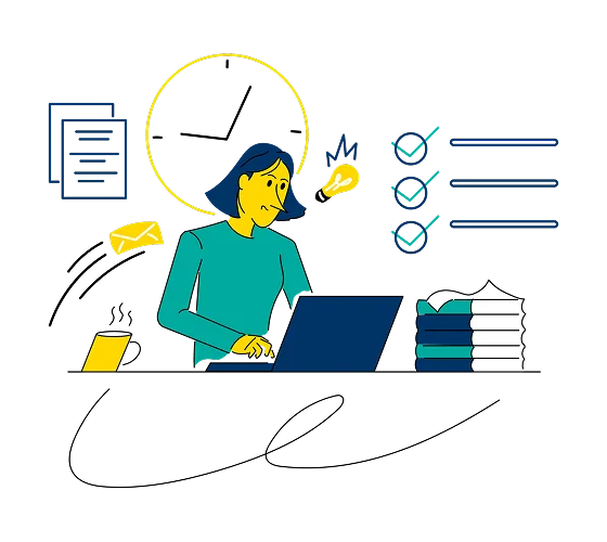 A cartoon woman sits at a desk using a laptop, surrounded by books, checklists, documents, an envelope, and a sticky note—symbolizing productivity and organization when you hire part time CFO services.