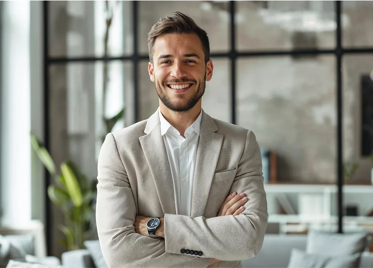 A young man in a light-colored suit stands indoors with his arms crossed, smiling confidently. There are plants and shelves in the blurred background, suggesting a modern office setting.