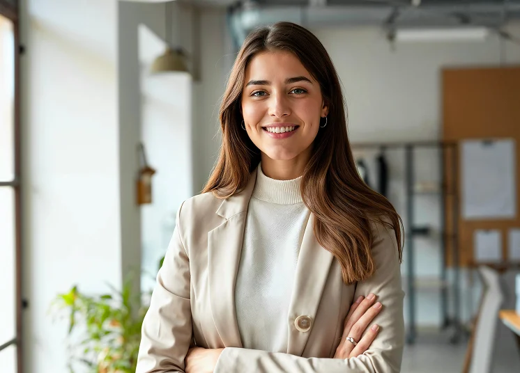 A young woman with long brown hair, wearing a beige blazer and white turtleneck, stands indoors with her arms crossed, smiling confidently at the camera—perfectly representing professionals who hire part time CFO services for their business needs.