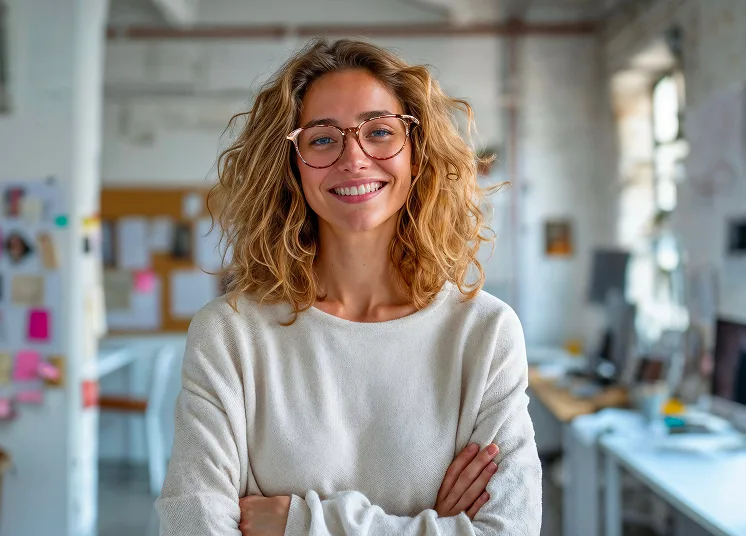 A woman with curly blonde hair and glasses smiles confidently with arms crossed in a modern, brightly lit office space, featuring desks, computers, and a bulletin board in the background.