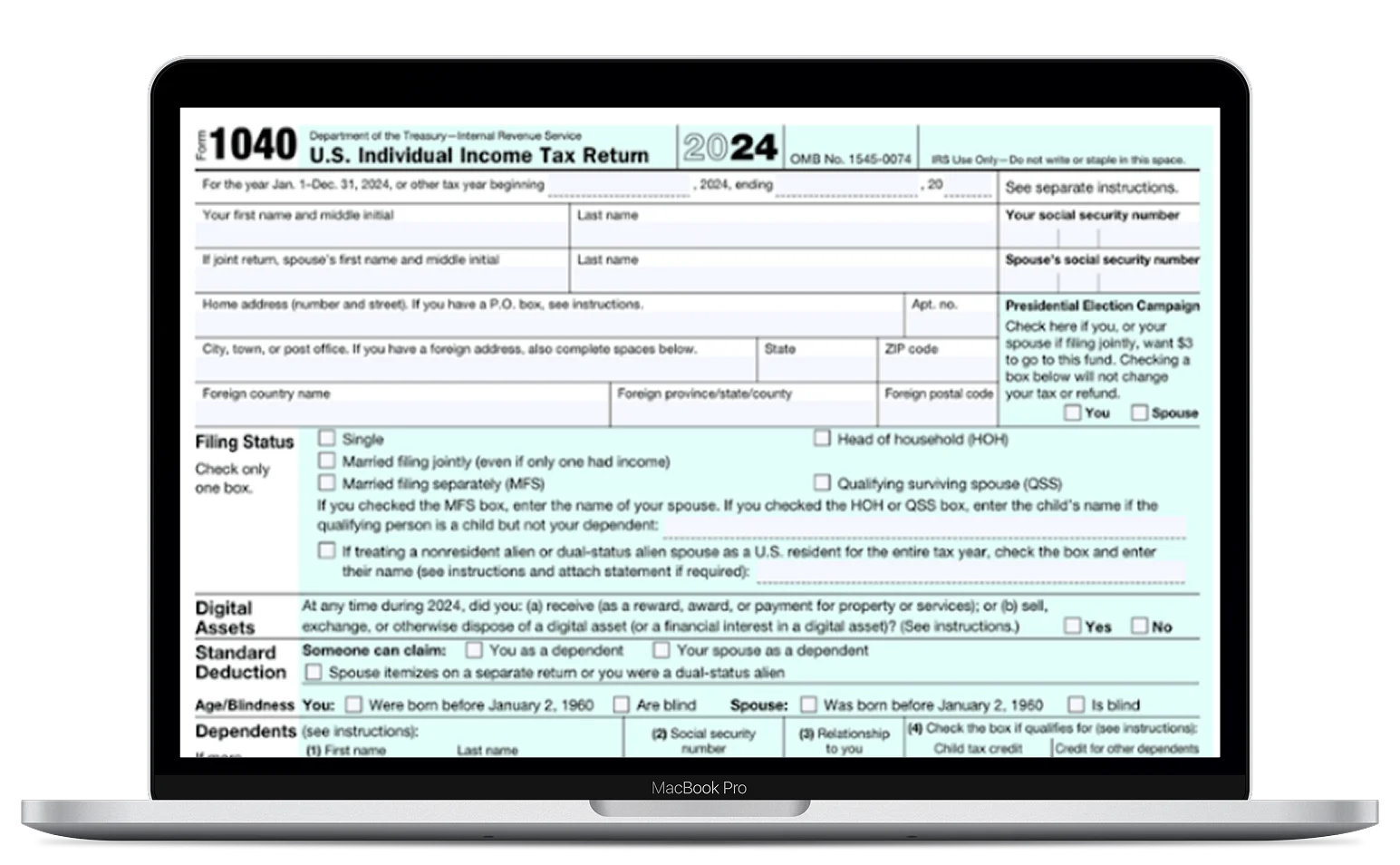 A MacBook Pro displays a partially filled-out 2024 IRS Form 1040 for U.S. Individual Income Tax Return, showing fields for personal information and filing status options.