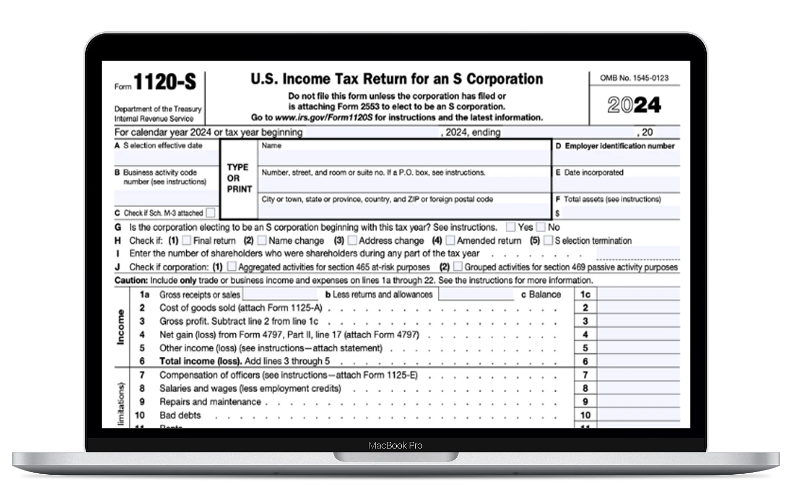A MacBook Pro screen displays a partially filled 2024 IRS Form 1120-S, U.S. Income Tax Return for an S Corporation, showing form fields and numbered lines for financial information.