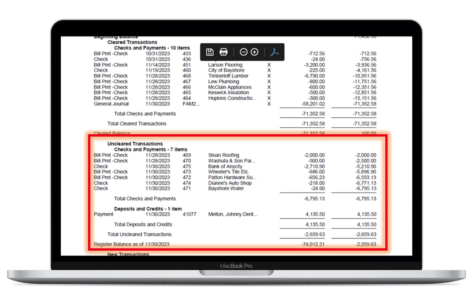 A MacBook Pro displays a financial statement with two sections: Cleared Transactions and Uncleared Transactions, the latter highlighted in red. The document shows checks, payments, deposits, and account balances.