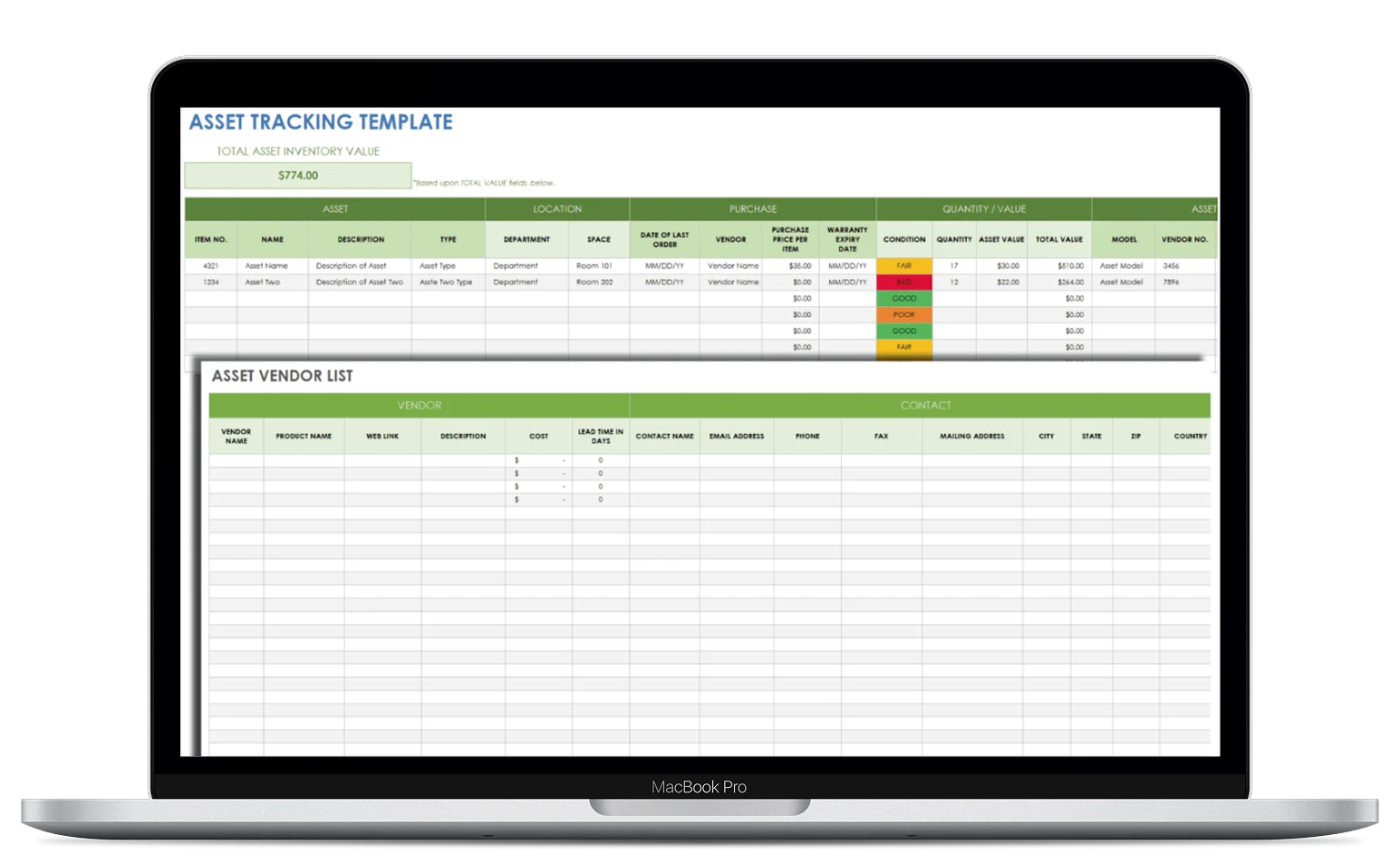 A MacBook Pro displays an asset tracking template spreadsheet with asset details, purchase data, status highlighted in various colors, and a vendor list with contact information in a table format.