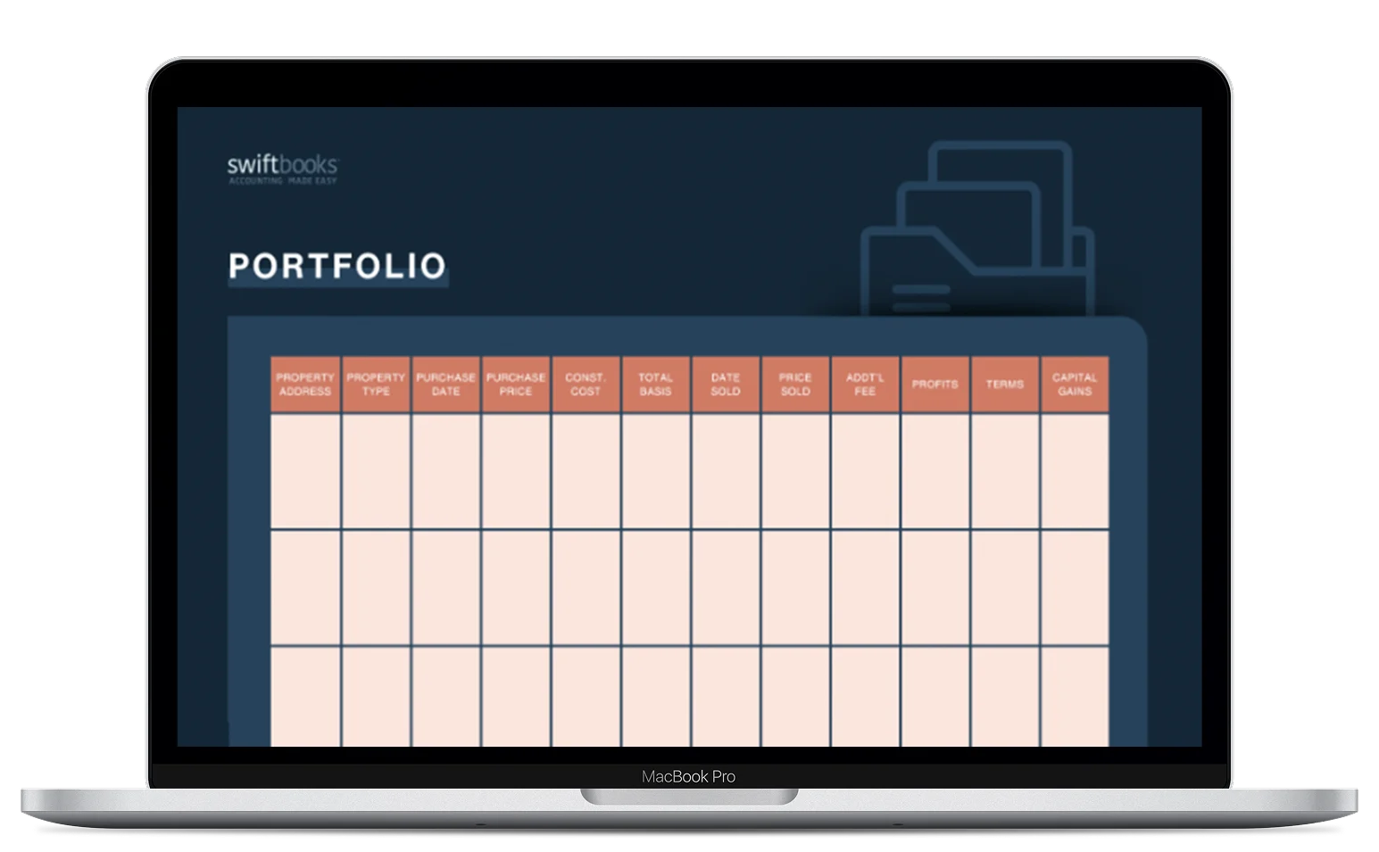 A laptop screen displays a portfolio spreadsheet with columns for property details, purchase info, costs, sales, and profit calculations. The template features a dark header and light rows for data entry.