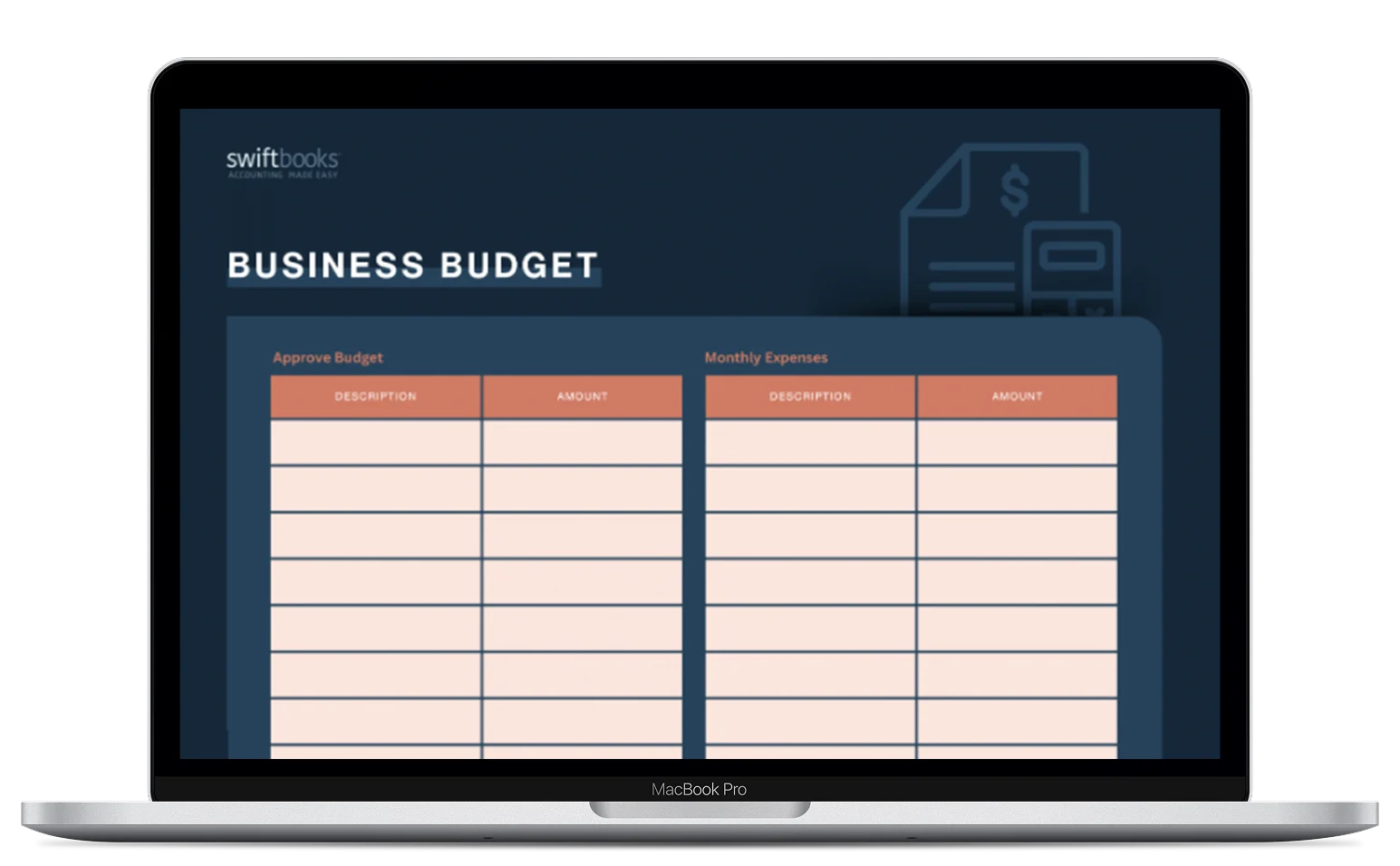 A MacBook Pro displays a business budget template with sections for approved budget and monthly expenses, each containing columns for description and amount. The template has a blue and peach color scheme.