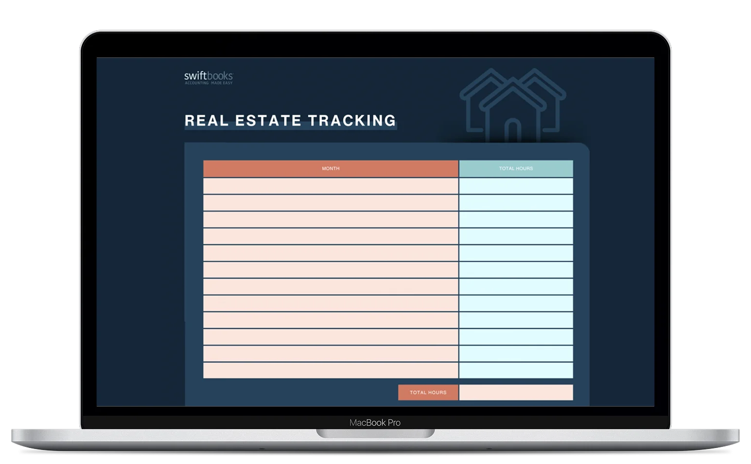 A laptop screen displays a "Real Estate Tracking" spreadsheet with two columns labeled "Income" and "Total Income," set against a dark blue background with an outline of houses in the top right corner.