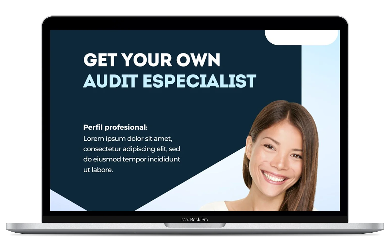 A laptop screen displays a webpage with the text "GET YOUR OWN AUDIT ESPECIALIST" alongside a smiling woman. Below, there is a section titled "Perfil profesional" with placeholder text in Latin.