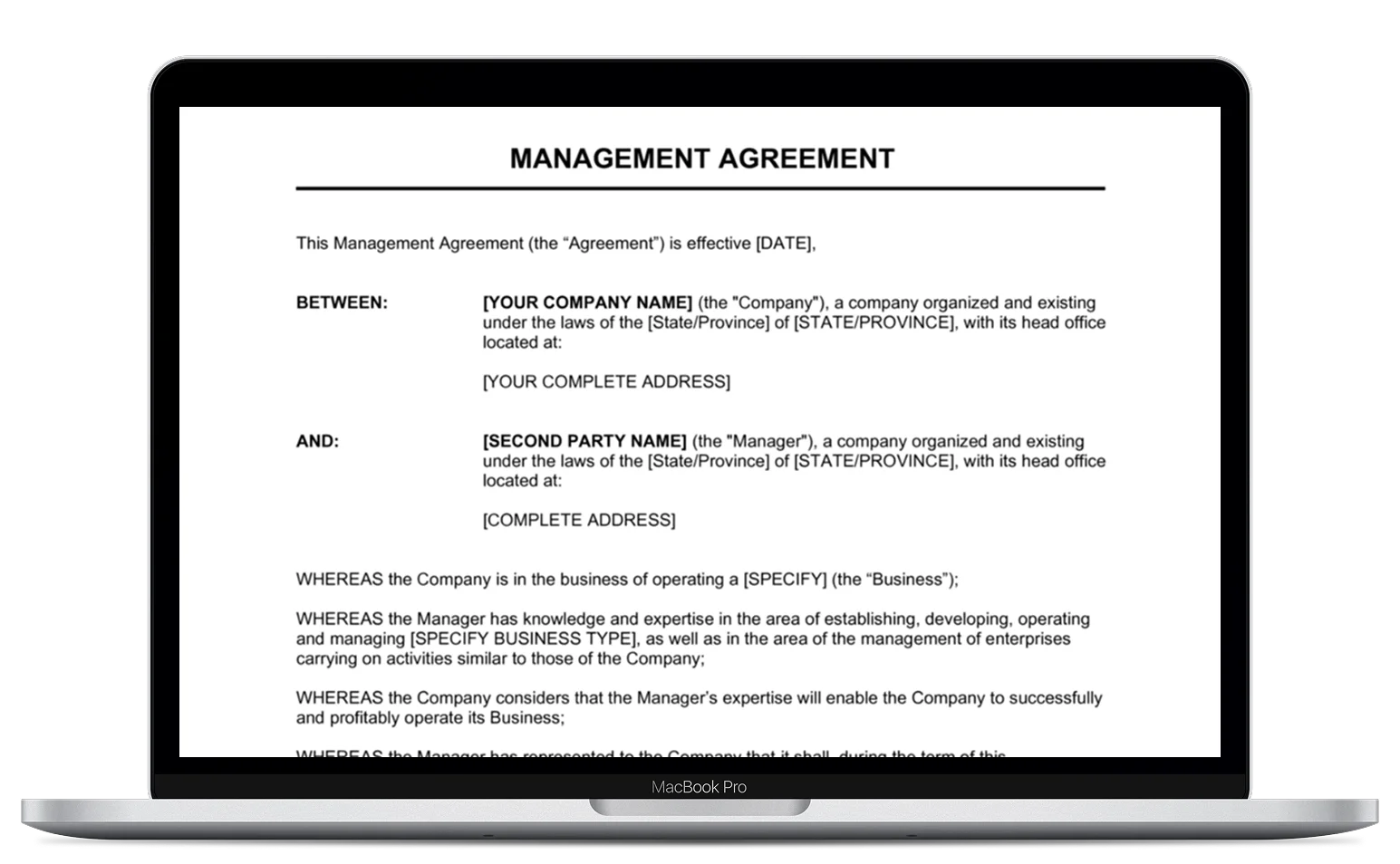 A laptop screen displays a template for a Management Agreement, showing sections for company and manager names, addresses, business details, and agreement terms in black text on a white background.