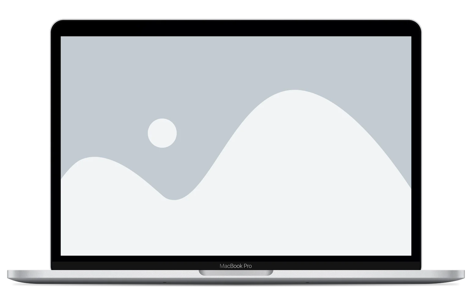 A MacBook Pro laptop with its screen displaying a simple abstract image of white hills and a gray sky with a round sun or moon.