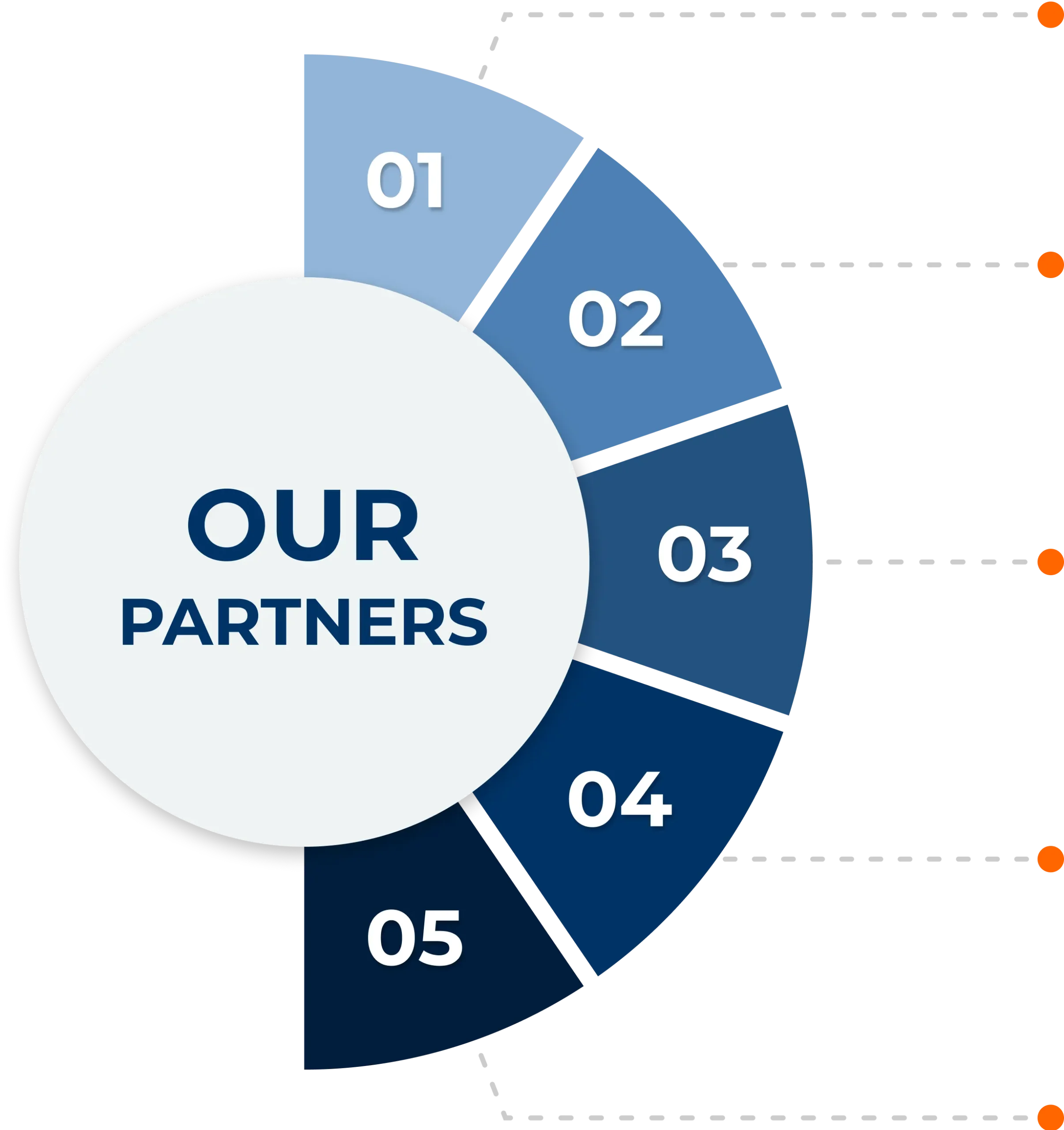 A circular chart titled "Our Partners" is divided into five blue segments labeled 01 to 05, with dotted lines extending from each segment.