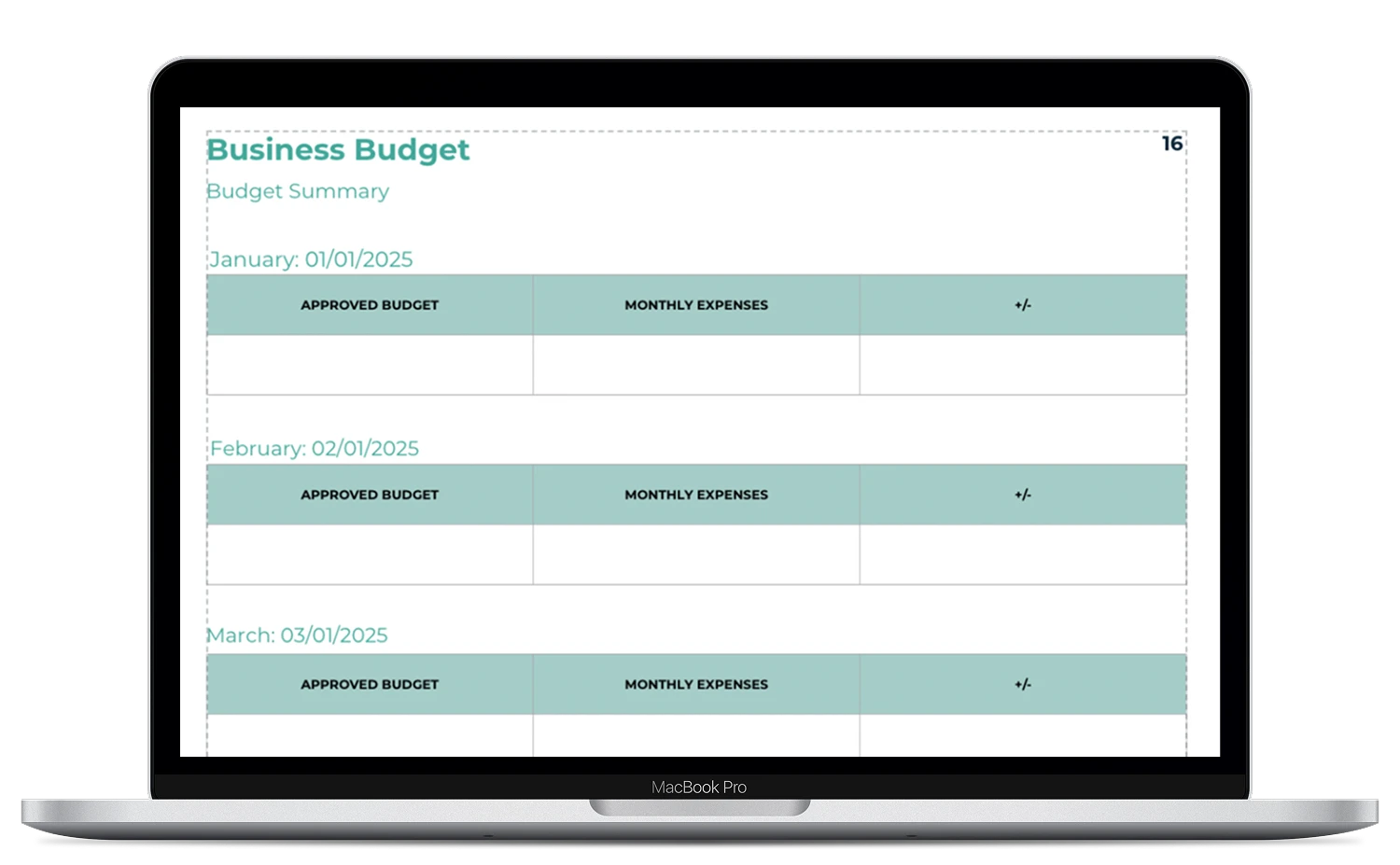 A laptop displays a business budget spreadsheet with sections for January, February, and March 2025, each showing rows for approved budget and monthly expenses.