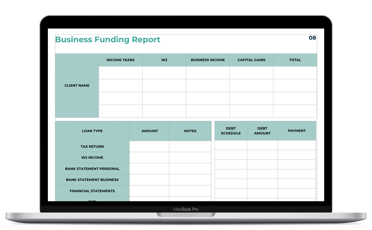 A MacBook Pro displays a “Business Funding Report” spreadsheet with sections for client name, income years, W2, business income, capital gains, loan type, notes, debt schedule, payment, and financial statements.