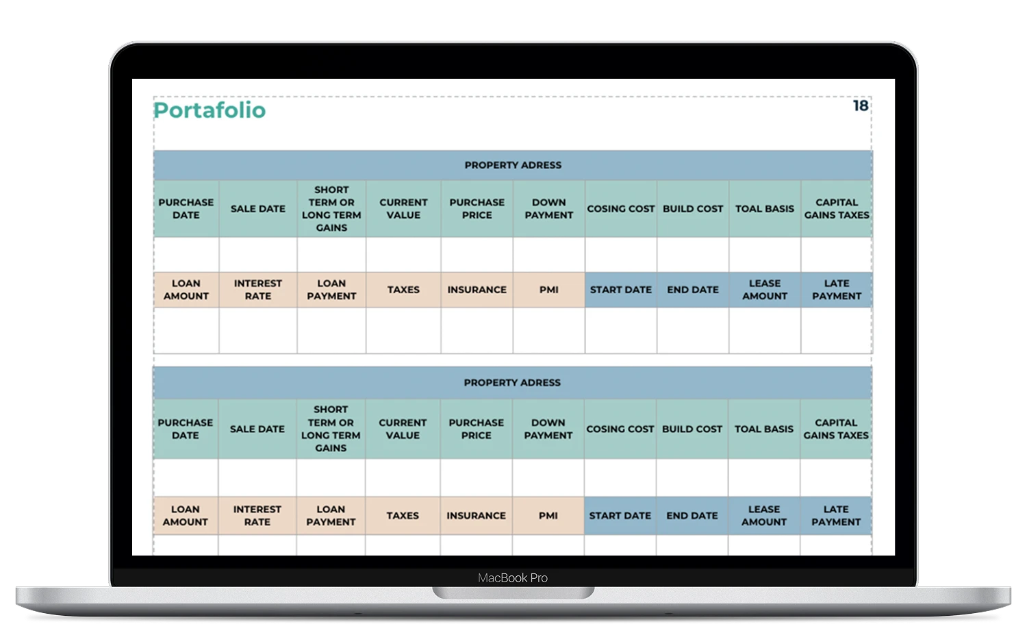 A laptop screen displays a table for tracking real estate portfolios, with columns for purchase date, sale date, short-term gains, property address, loan details, costs, rent info, and payment schedules.