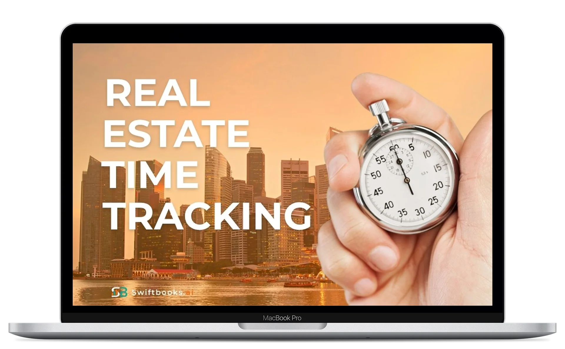 A laptop screen displays a city skyline at sunset, with a hand holding a stopwatch in the foreground. Text on the screen reads “Real Estate Time Tracking.”.
