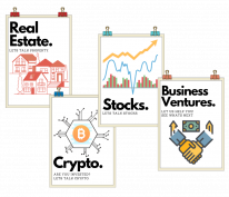 Four illustrated posters for different investment types: Real Estate, Crypto, Stocks, and Business Ventures. Each features unique icons, brief topic text, and highlights how Swiftbooks Service can support your investment journey.